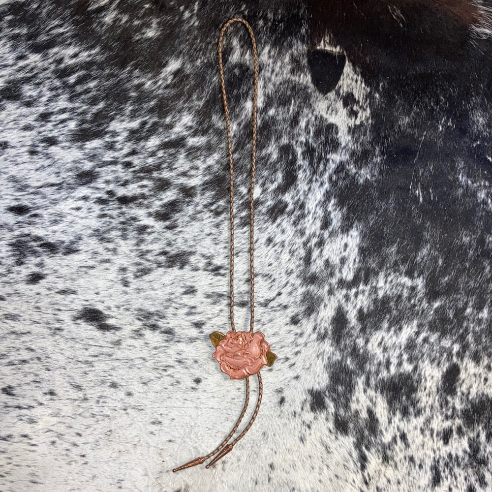 Handmade leather blush rose bolo tie